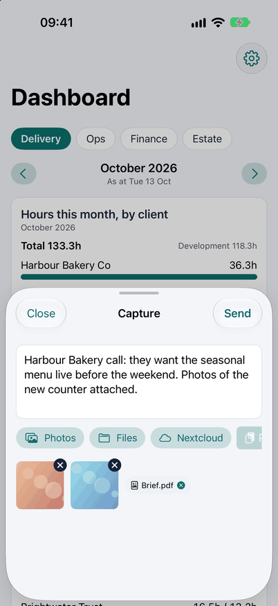 Quick capture on iPhone: a photo and a pasted note being added to today's note.