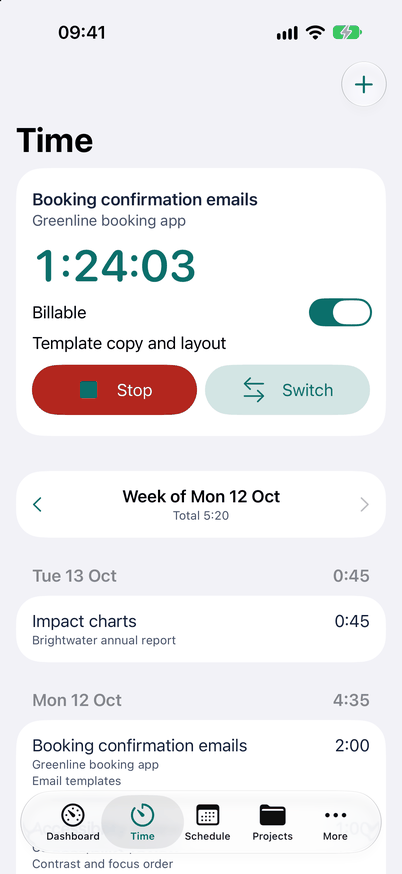 The siftware.dev iPhone app with a timer running against a task, showing the elapsed time and the project it belongs to.