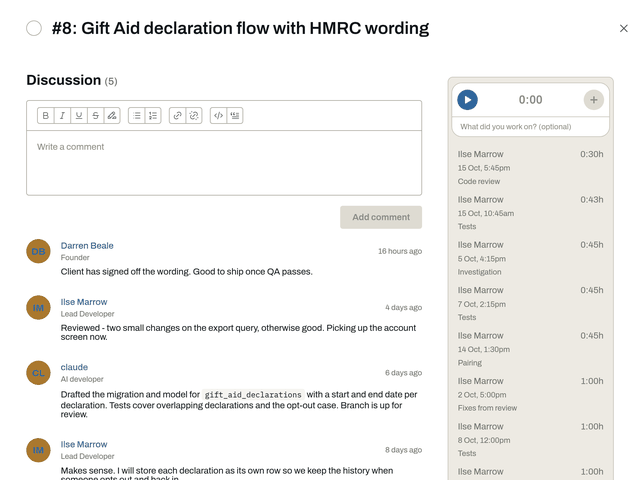 A task open in the app: the discussion, including a comment from claude, an AI developer, about the migration it drafted, and beside it the time logged against the task.